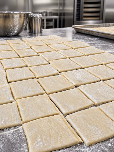 Rows of freshly cut beignet dough on a floured kitchen counter