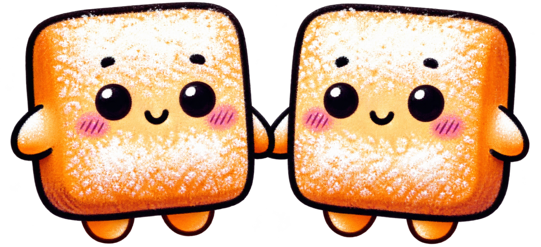 Two smiling classic beignet mascots